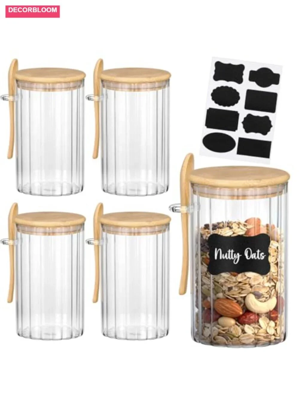 4 Glass Airtight Canisters with Bamboo Lids Spoons Labels 25 oz Each